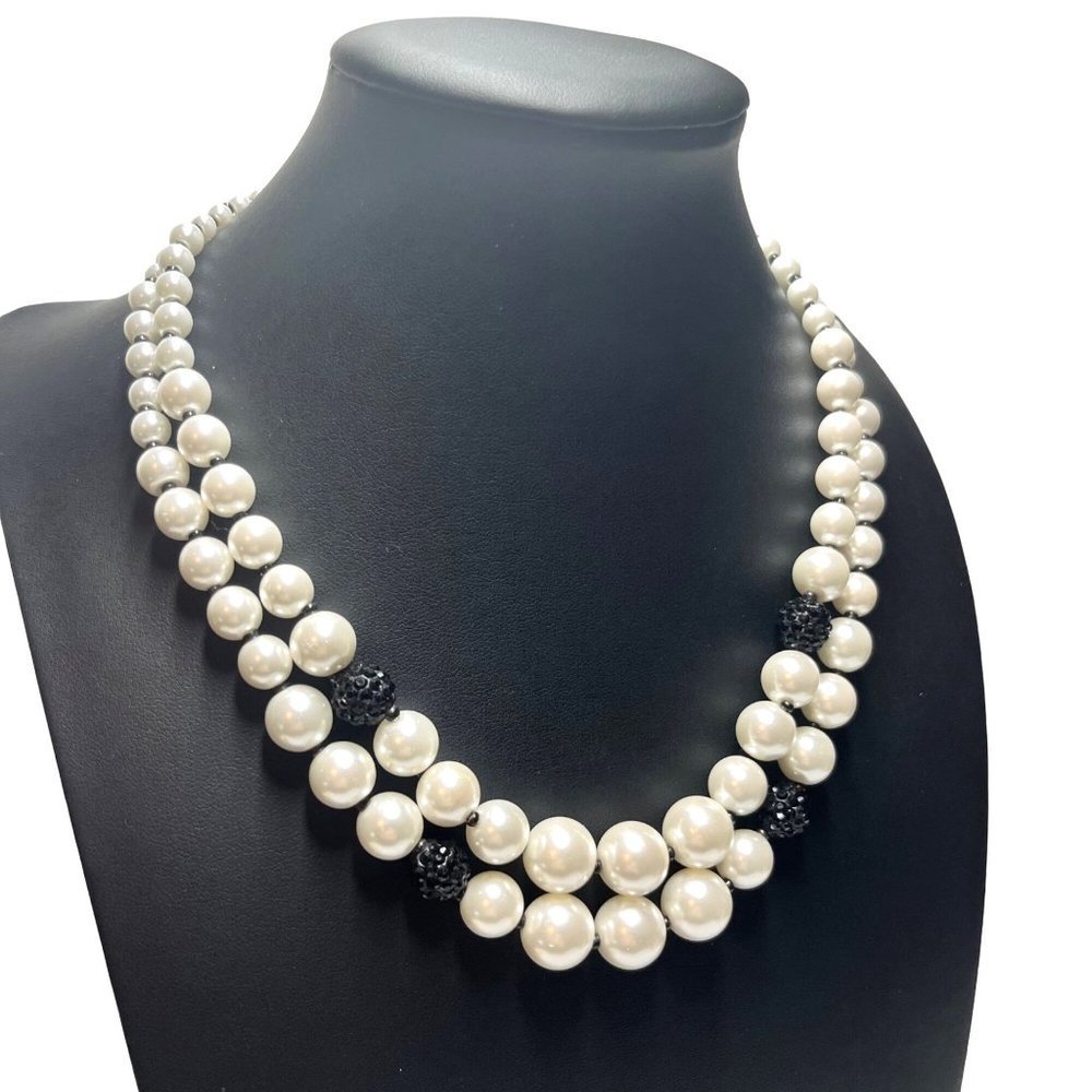 VTG Graduated Pearl Black Crystal Double Strand Necklace Costume 17-20"